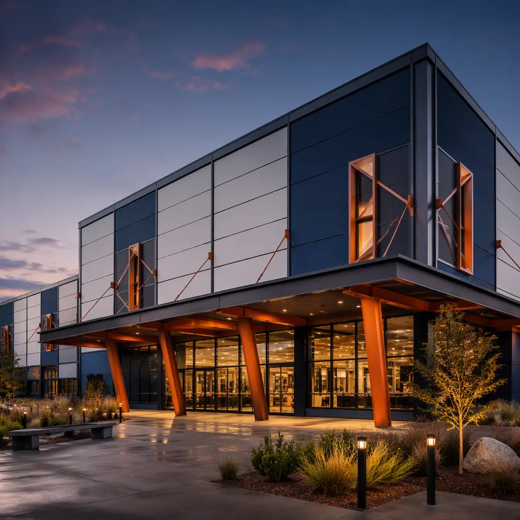Modern modular family entertainment center exterior, prefabricated steel-frame building with clean geometric facade, large entrance canopy, module grid pattern facade, dark navy structural steel with warm steel orange accents, dusk lighting, no text, no logos