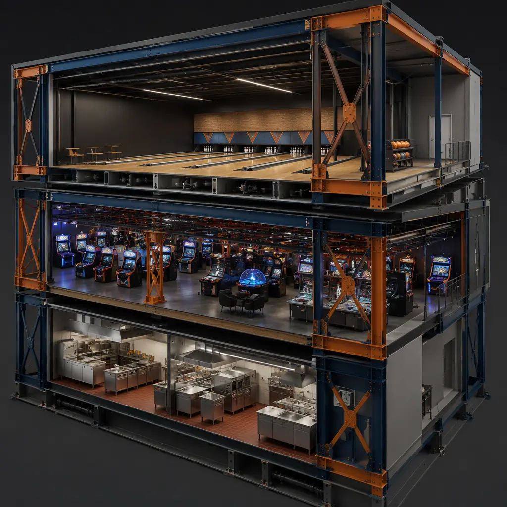 Photorealistic 3D cross-section render of modular family entertainment center, steel frame visible, showing bowling lane zone with isolated lane deck, arcade zone with dense lighting grid, and food service kitchen as separate factory-built modules, clean engineering visualization, no text, no labels