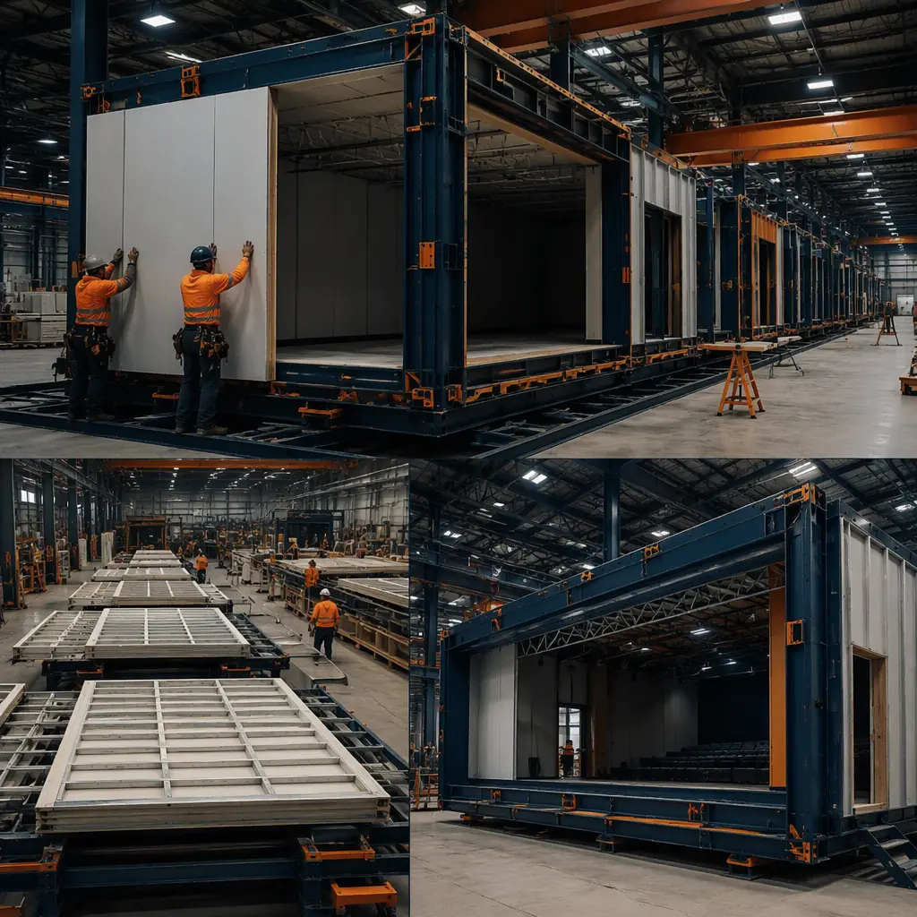 Factory floor of modular construction facility, prefabricated modules with large clear-span openings being assembled for entertainment venue, structural steel frames on assembly line, workers connecting panels (no faces), dark navy and warm steel orange accents