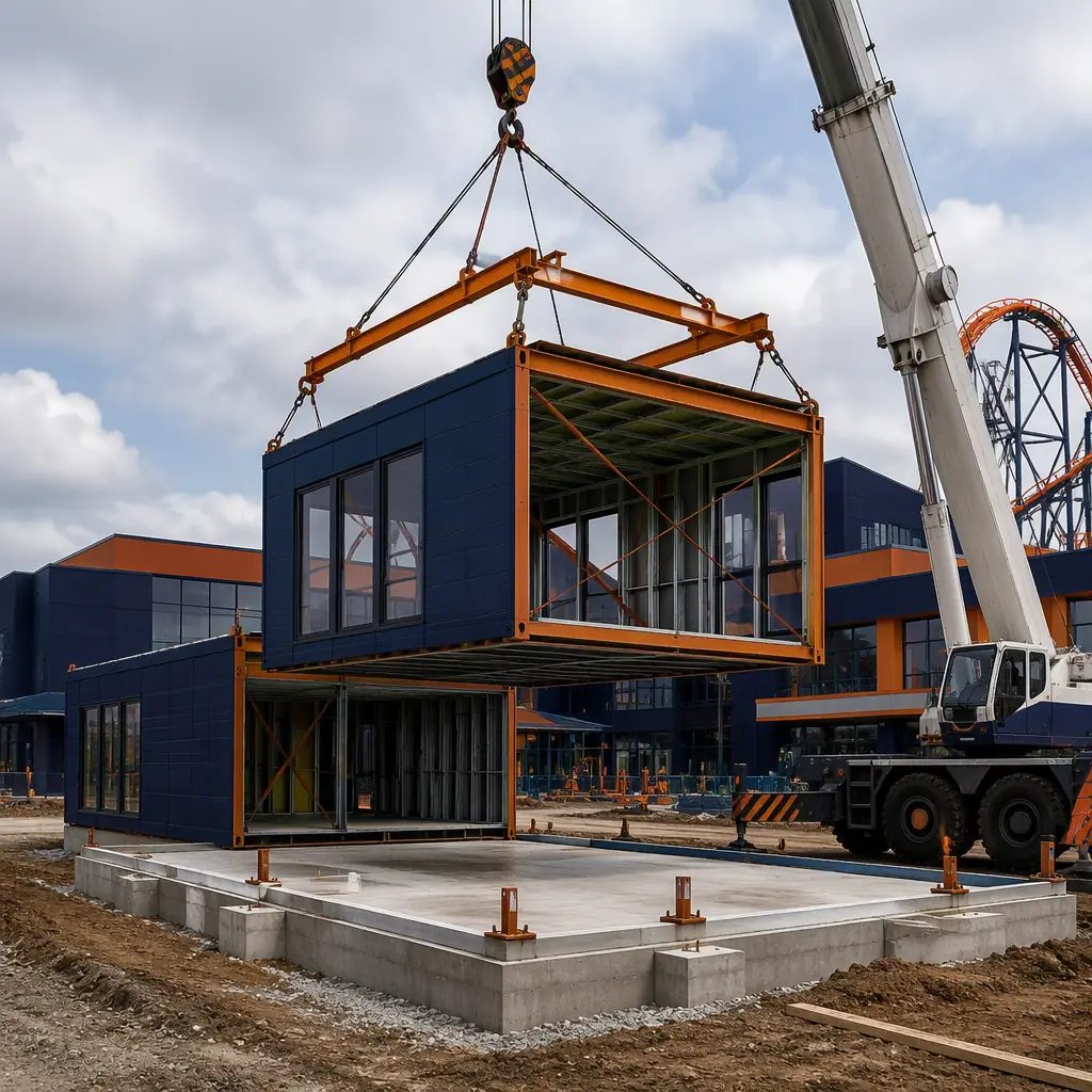 Crane lifting prefabricated steel-frame modular unit onto foundation at family entertainment center construction site, urban retail context, module being positioned on concrete slab, module seams visible, no people, no text