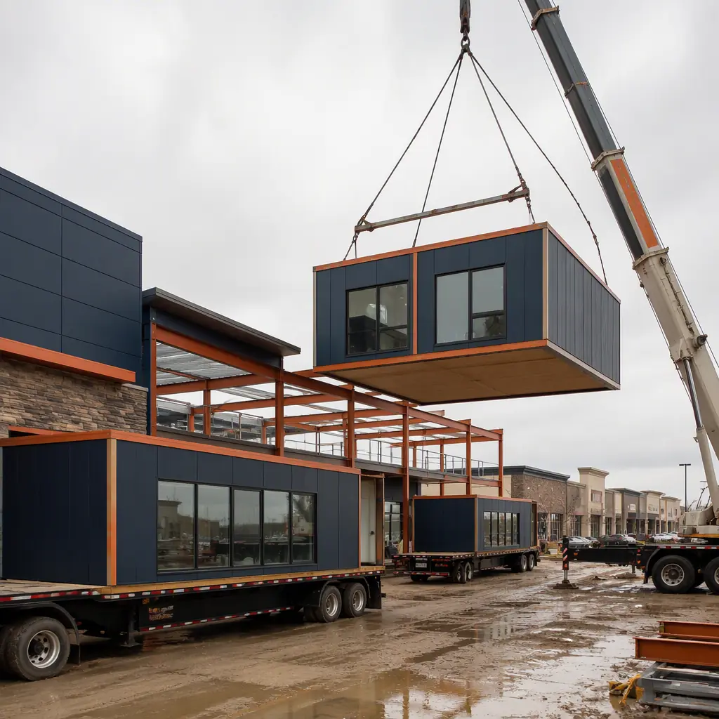 Multiple prefabricated building modules arriving on flatbed trucks at commercial construction site, crane unloading module for entertainment venue, retail plaza context, module seams visible, no people faces, no text