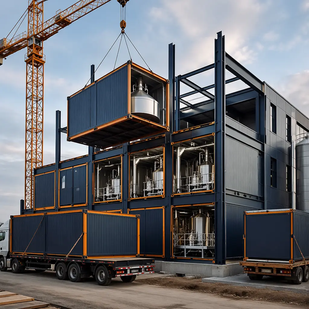 Modern modular brewery production hall, stainless steel fermentation tanks arranged in rows, prefabricated building structure with exposed steel frame, brewhouse platform with mash tun and lauter tun visible, clean industrial aesthetic with polished concrete floors, modular construction joints visible on wall panels, sanitary stainless steel surfaces throughout, dark navy structural elements, warm steel orange accent details