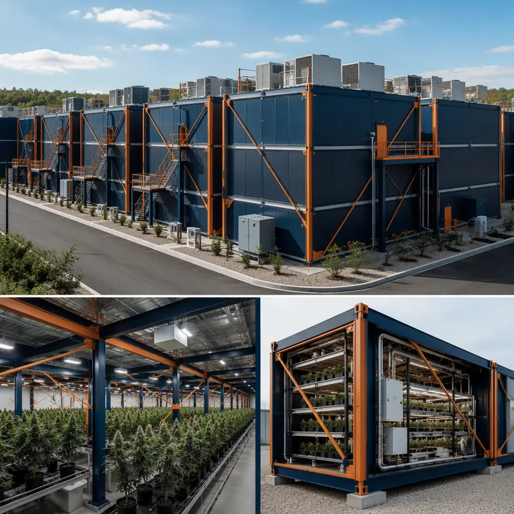 Modular cannabis cultivation facility exterior, prefabricated steel-frame grow building modules assembled into large climate-controlled cultivation campus, HVAC rooftop units visible on module roofs, clean geometric industrial architecture, module seams visible, dark navy structural steel with warm steel orange accents, no people, no text