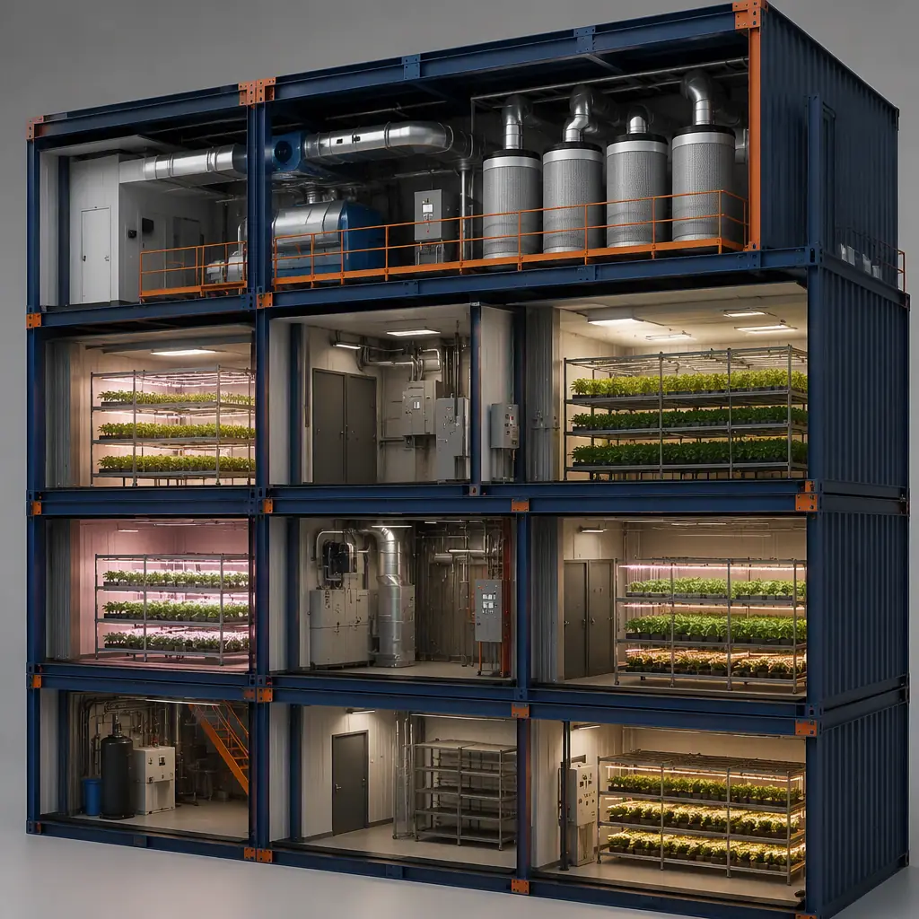 Photorealistic 3D cross-section render of modular cannabis cultivation building, steel frame structure with sealed grow room chambers, HVAC ducting and carbon filter mezzanine, partitioned flower rooms with environmental control zones, clean engineering visualization, no text, no labels