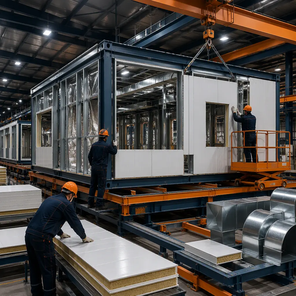 Factory floor of modular prefabricated construction facility, steel-framed cultivation module under assembly, insulated wall panels and HVAC ducting being installed on module frame, workers fitting sealed panels (no faces), overhead crane, assembly line, dark navy and warm steel orange accents
