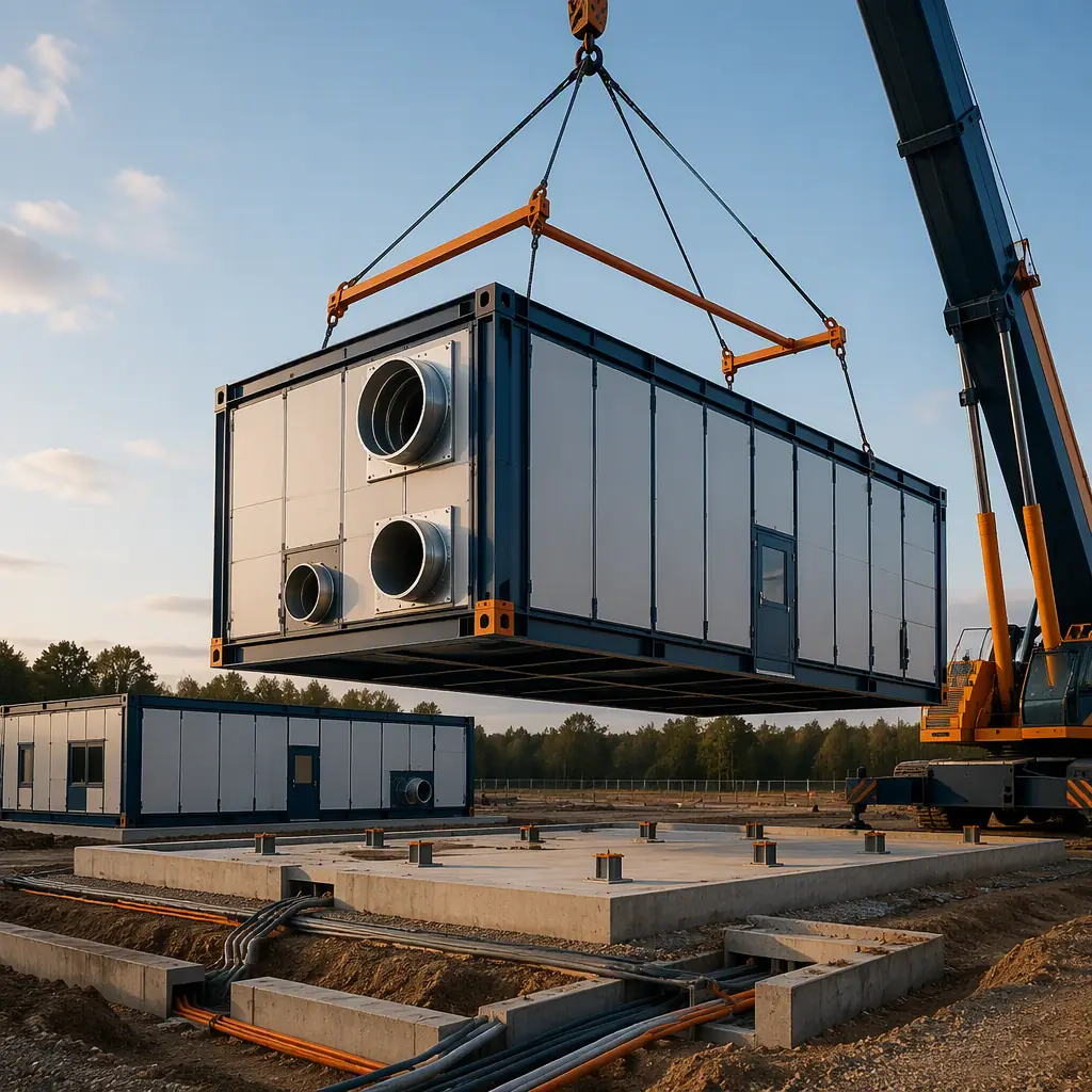 Crane lifting prefabricated steel-frame cultivation module onto foundation at construction site, module with large HVAC penetrations and sealed wall panels, cleared site with utility trenches and concrete pad, module seams visible, dark navy structural steel with warm steel orange accents, no people