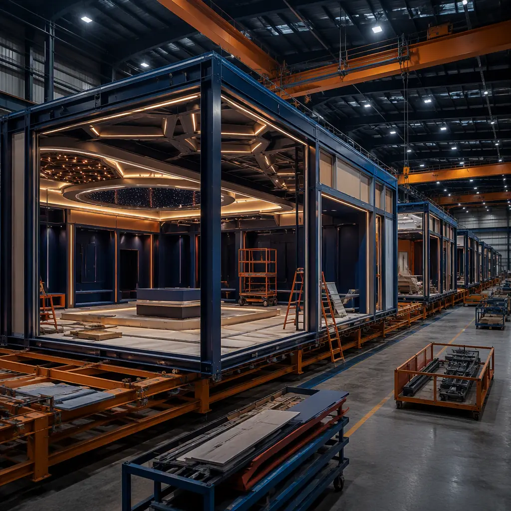 Factory floor of a modular construction facility, steel-framed modules for a gaming facility under assembly with wide clear-span roof structure, overhead cable trays and HVAC ducting being installed in ceiling cavity, workers on scissor lifts, bright clean industrial environment