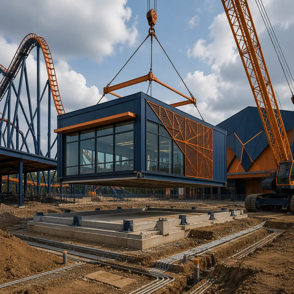 Crane lifting a prefabricated steel-frame building module onto a foundation at a casino construction site, module with clean geometric lines and module seams visible, cleared site with concrete slab, navy steel accents with orange details