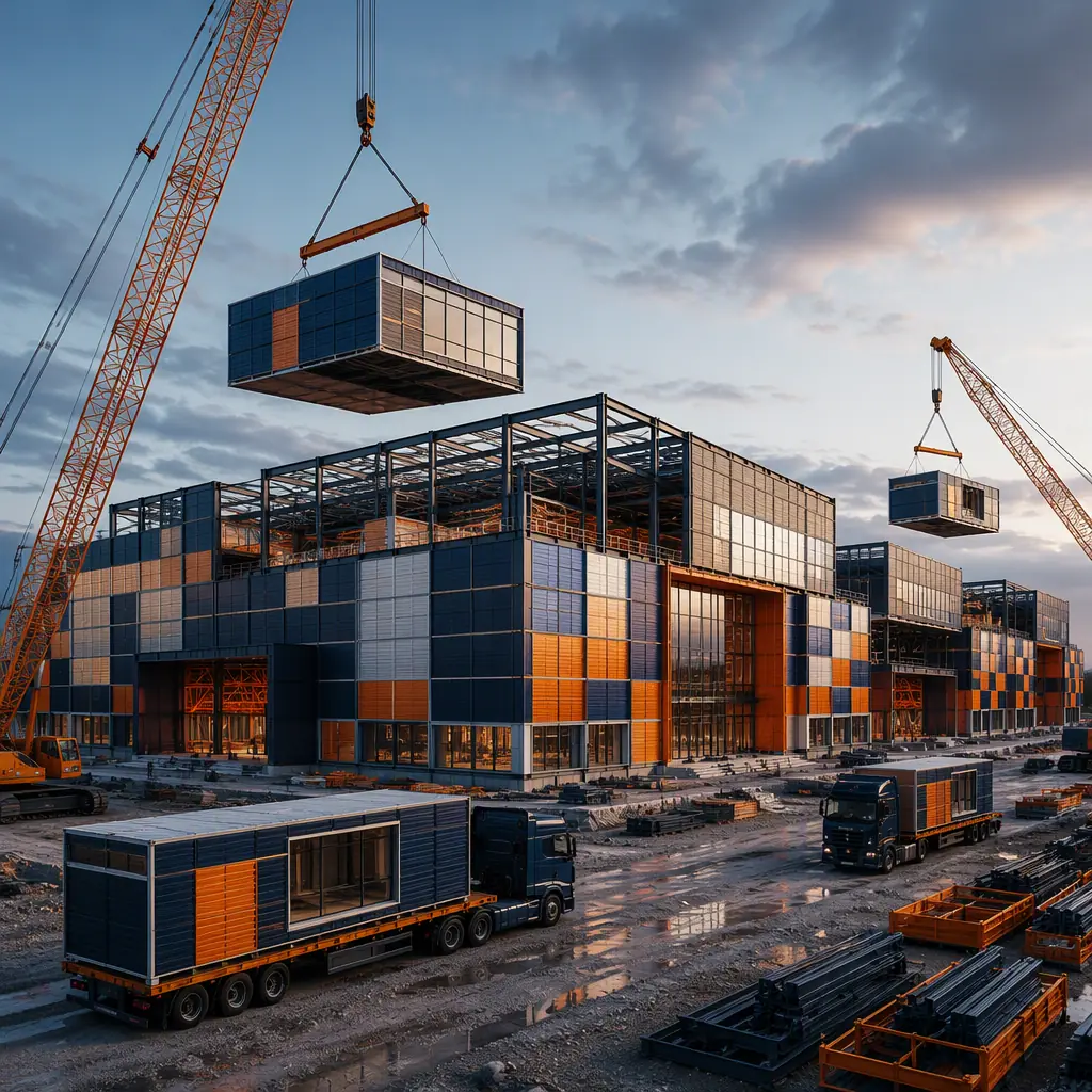 Steel-frame modular casino modules being positioned by crane onto a prepared foundation at dusk, module seams visible, construction site with utility connections being made, dark navy sky, warm orange construction lighting