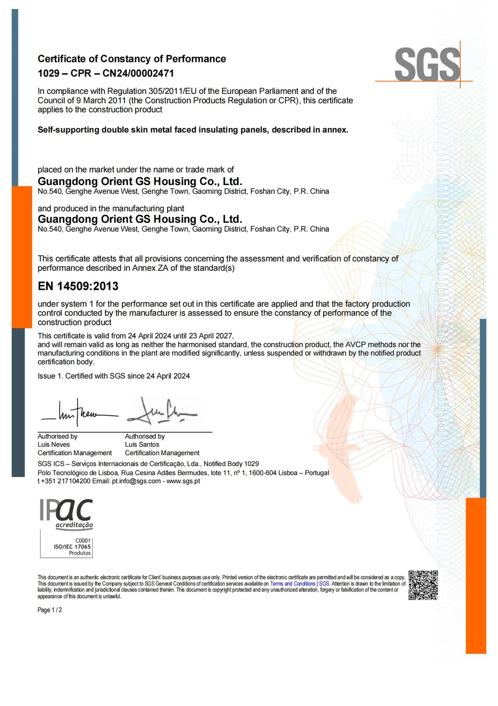 SGS Certificate of Constancy of Performance