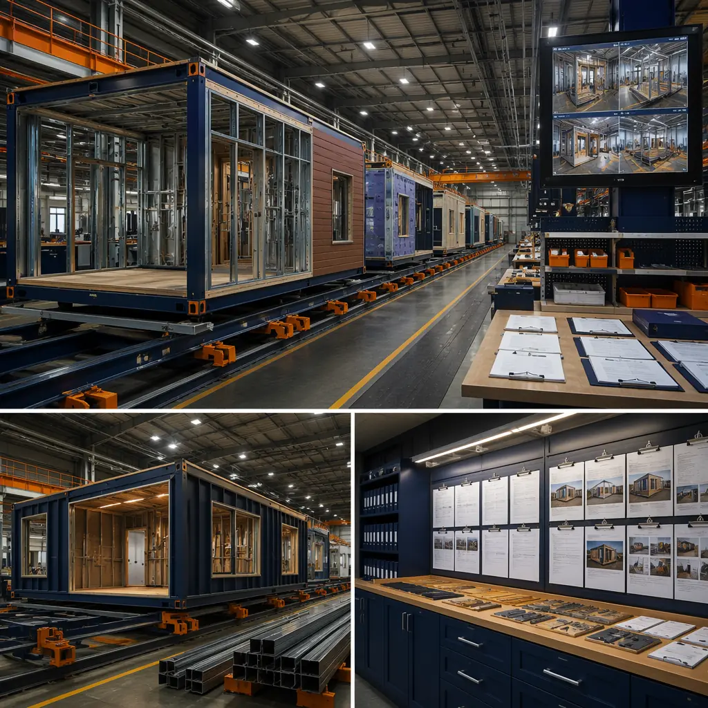 Factory production line for modular building construction, steel frame modules on assembly line, workers with tablets coordinating production schedule, factory environment with overhead lighting and organized workstations, industrial precision manufacturing setting, documentation displayed on screens