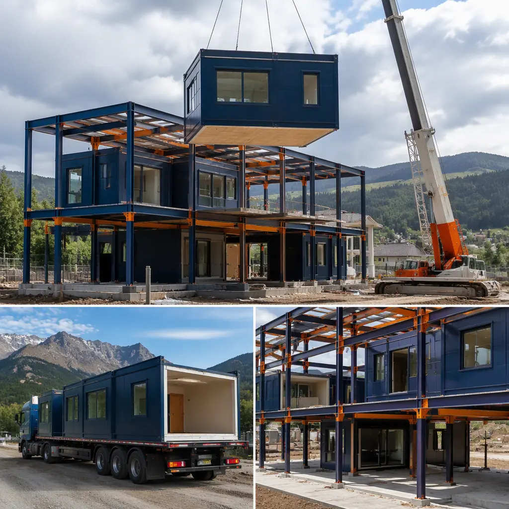 Modern modular community health center exterior with clean geometric facade and accessible entrance, steel frame module seams visible, prefabricated healthcare facility construction