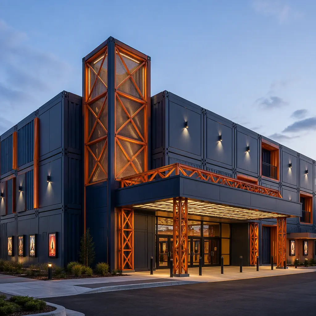 Modular movie theater complex exterior, prefabricated steel-frame auditorium modules assembled into modern cinema building, clean geometric facade with repeating module grid, entrance canopy and marquee structure, module seams visible, dark navy structural steel with warm steel orange accents, no people, no text