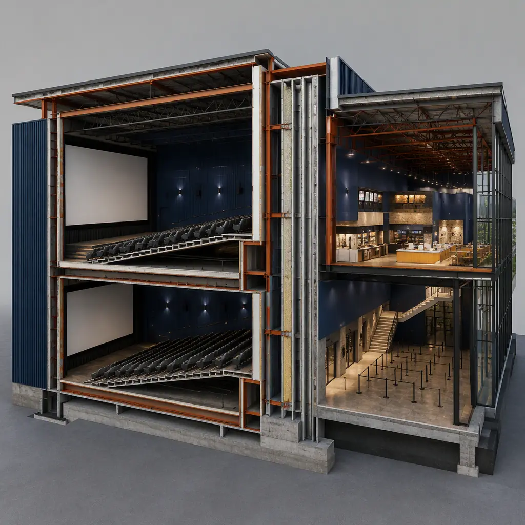 Photorealistic 3D cross-section render of modular cinema building, steel frame structure with raked seating floor inside auditorium module, double-wall acoustic separation between adjacent auditoriums, lobby and concession hall module, clean engineering visualization, no text, no labels