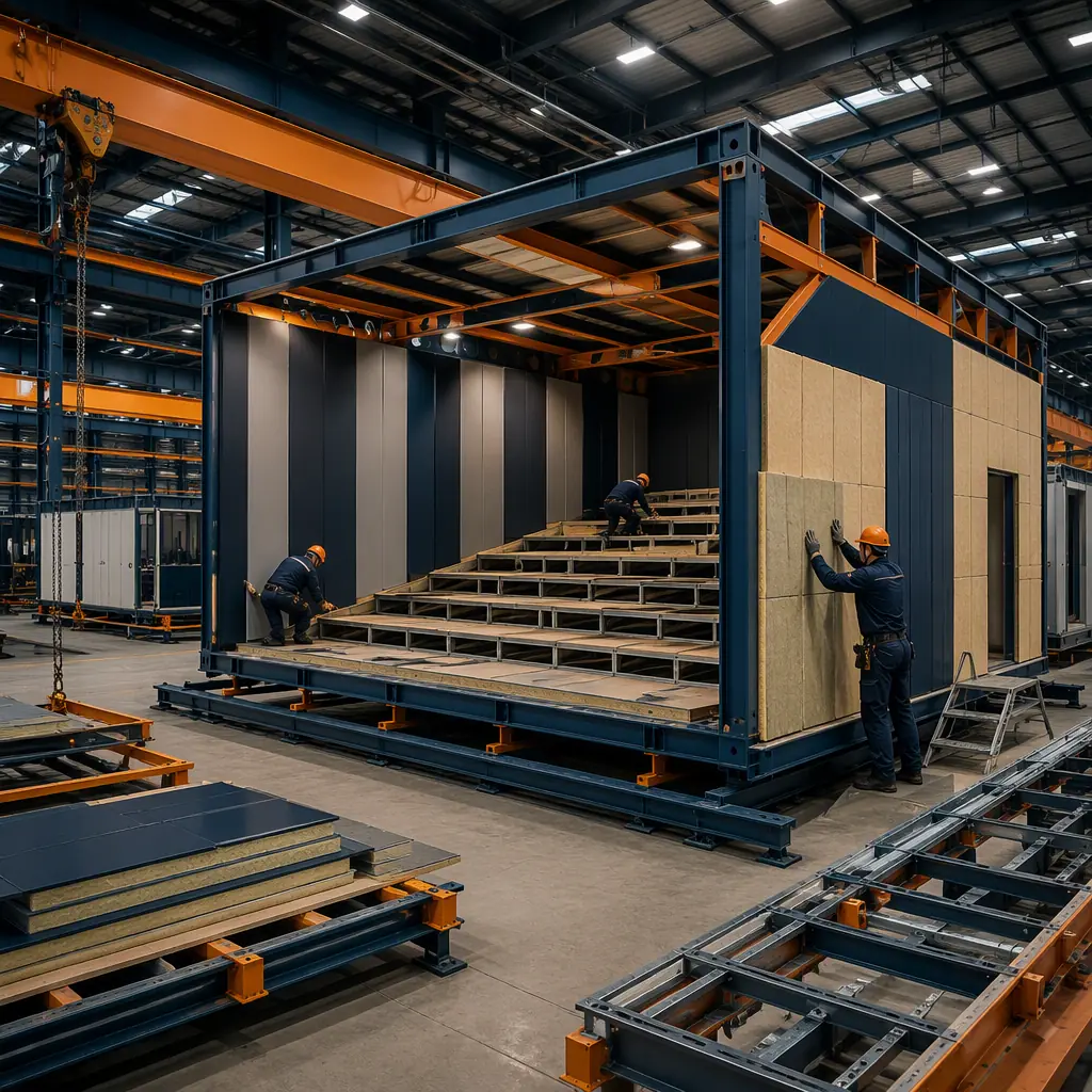 Factory floor of modular prefabricated construction facility, steel-framed cinema auditorium module under assembly, acoustic wall panels and raked seating floor structure being installed, workers fitting insulated panels (no faces), overhead crane, assembly line, dark navy and warm steel orange accents