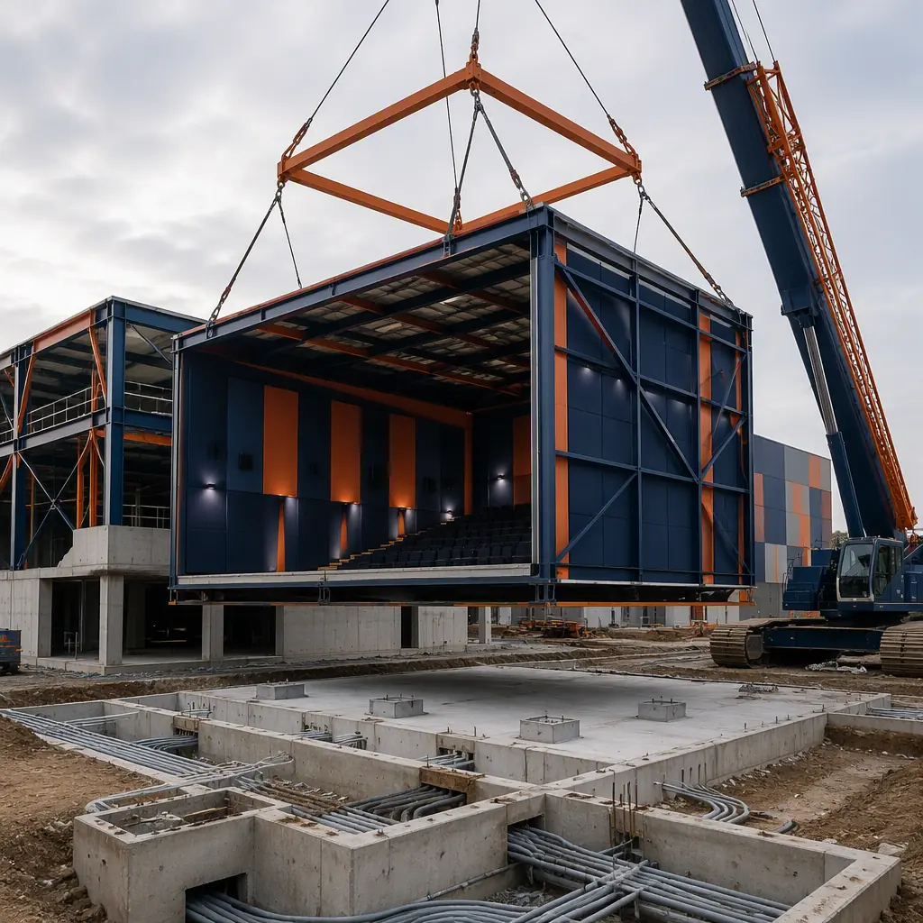 Crane lifting prefabricated steel-frame auditorium module onto foundation at cinema construction site, module with large acoustic wall panels and roof structure, site with concrete slab and utility trenches, module seams visible, dark navy structural steel with warm steel orange accents, no people