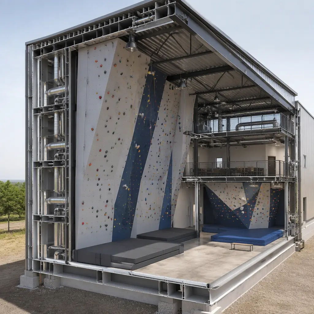 Photorealistic 3D cross-section render of modular climbing gym, showing tall clear-span roped climbing hall with steel-framed wall modules, embedded anchor rails, mezzanine level with training area, bouldering wing with landing mats, HVAC ductwork routed through module frames, clean engineering visualization, no text, no labels