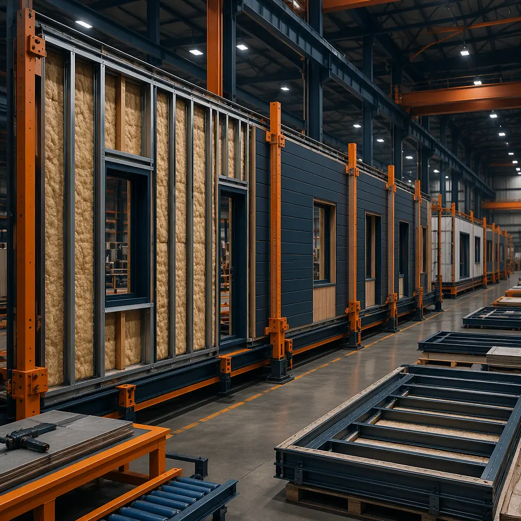Factory floor of modular prefabricated construction facility, tall steel-frame wall modules with embedded anchor rails being fabricated, workers installing structural steel and insulation (no faces), assembly line with climbing gym wall panels in production, dark navy and warm steel orange accents