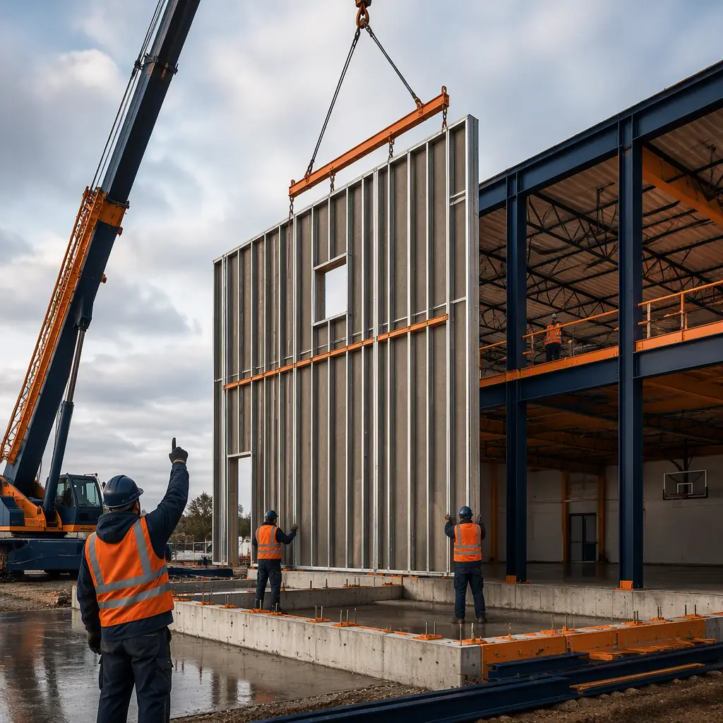 Crane lifting prefabricated steel-frame wall module with embedded climbing wall attachment structure onto foundation at gym construction site, tall module being positioned beside mezzanine steel, module seams visible, dark navy steel with warm orange accents, no people faces, no text