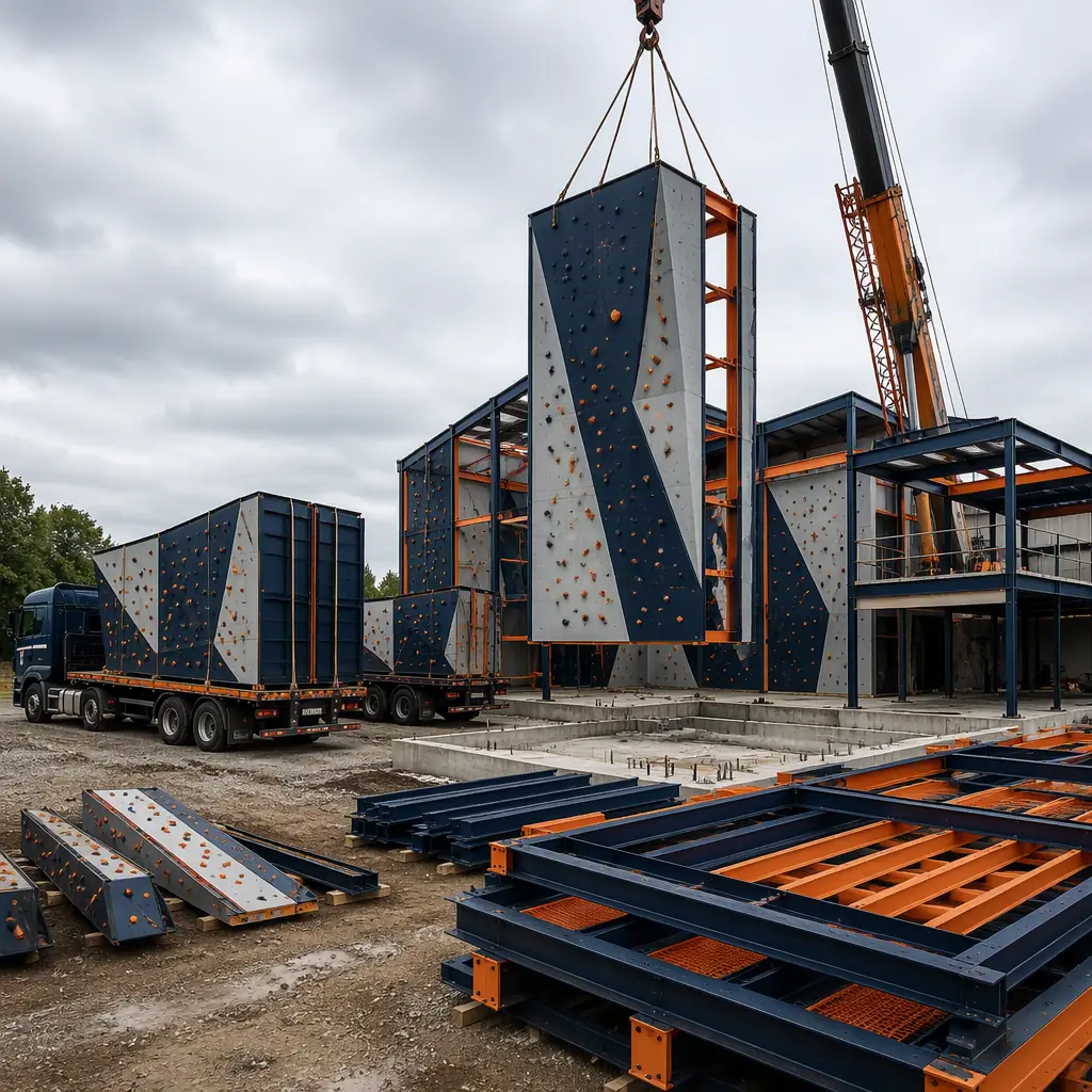 Prefabricated steel-frame climbing gym modules arriving on flatbed trucks at construction site, crane lifting tall wall module with embedded anchor rails, module seams visible, mezzanine steel sections staged in laydown area, dark navy steel with warm orange accents, no people faces, no text, no logos