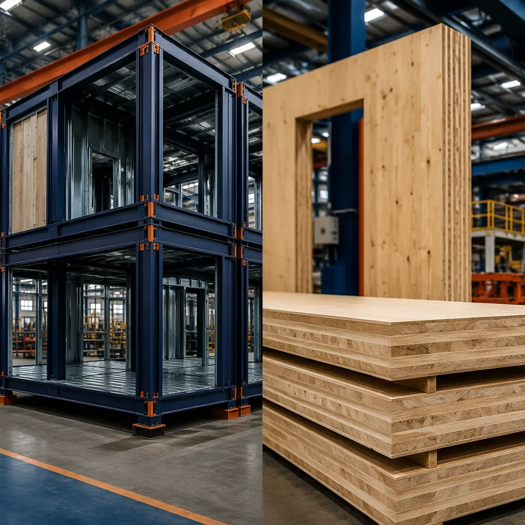 Side-by-side comparison concept showing modular steel frame construction module with steel columns and beams alongside cross-laminated timber panel with visible wood grain layers, factory setting, industrial construction materials