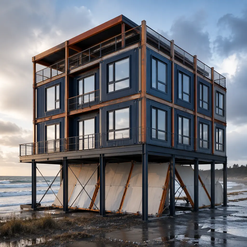 Modern modular coastal building on elevated steel platform foundation, prefabricated modules with clean geometric facade, steel frame visible, storm-resistant design aesthetic, ocean backdrop