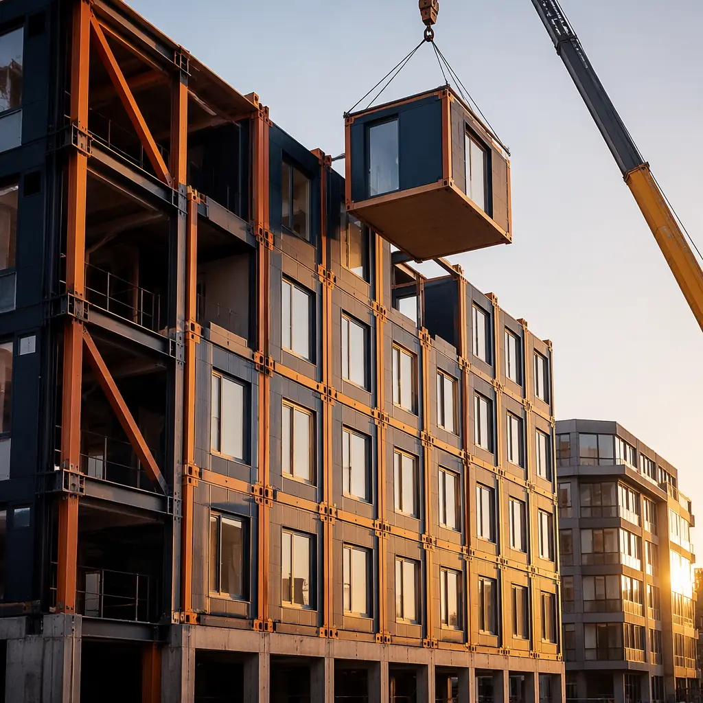 Multi-story modular co-living building exterior, prefabricated room modules stacked with repeating grid pattern facade, modern urban streetscape, steel frame visible at module connection points, dark navy and warm steel accents