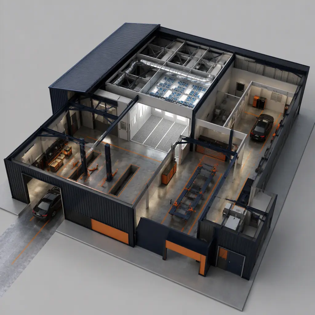 Photorealistic 3D cross-section render of modular auto body repair facility, showing integrated downdraft spray booth with filter plenum, frame rack bay with anchoring points, lift bays with recessed pits, prep area with dust collection, drive-through layout, clean engineering visualization, no text, no labels