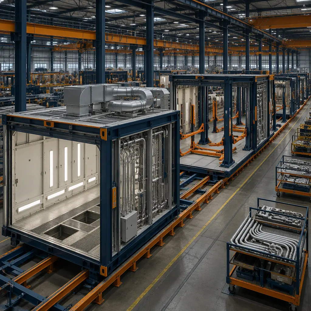 Factory floor of modular prefabricated construction facility, steel-frame repair bay modules with integrated spray booth shells and utility runs being fabricated, assembly line with lift bay modules, dark navy and warm steel orange accents
