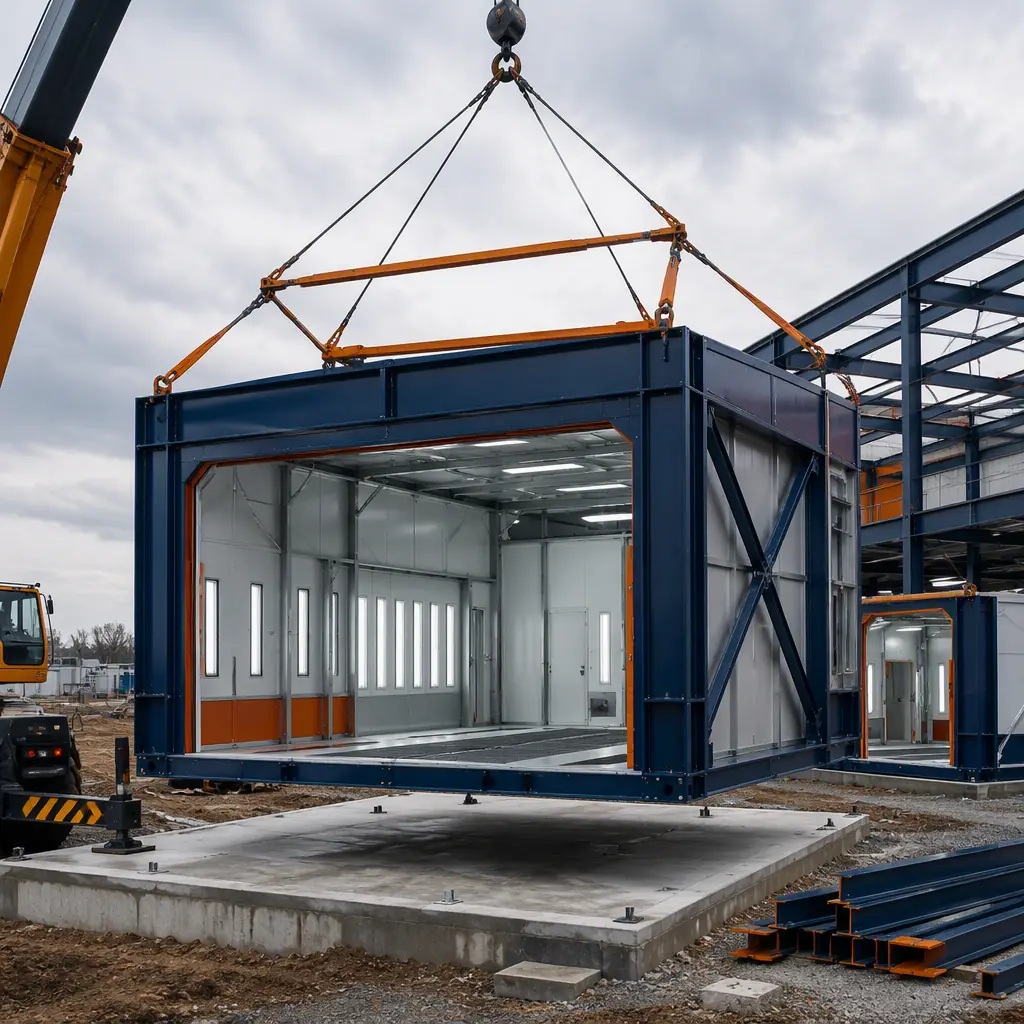 Crane lifting prefabricated steel-frame repair bay module with integrated spray booth shell onto concrete pad at collision repair facility construction site, module seams visible, dark navy steel with warm orange accents, no people faces, no text