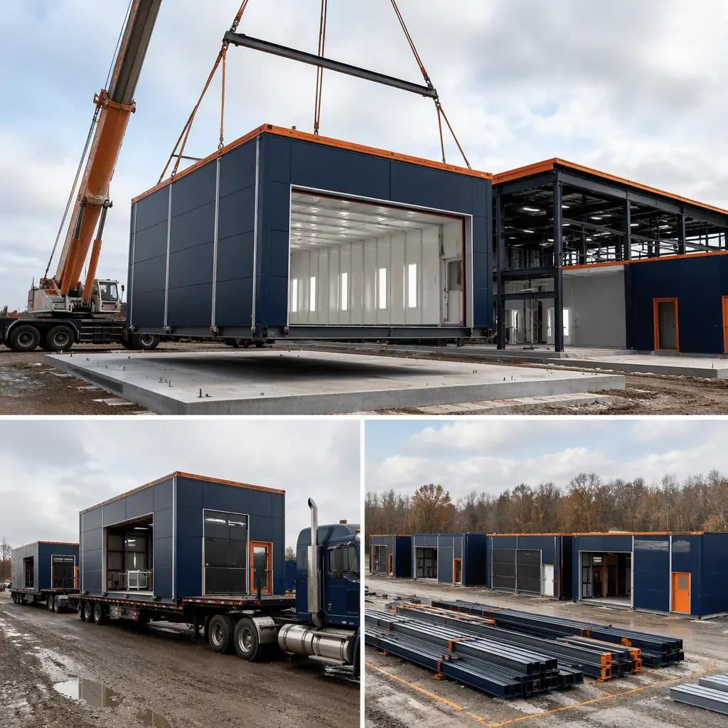 Prefabricated collision repair shop modules arriving on flatbed trucks at construction site, crane lifting steel-frame bay module with integrated spray booth onto concrete pad, modules staged in laydown area, module seams visible, dark navy steel with warm orange accents, no people faces, no text, no logos