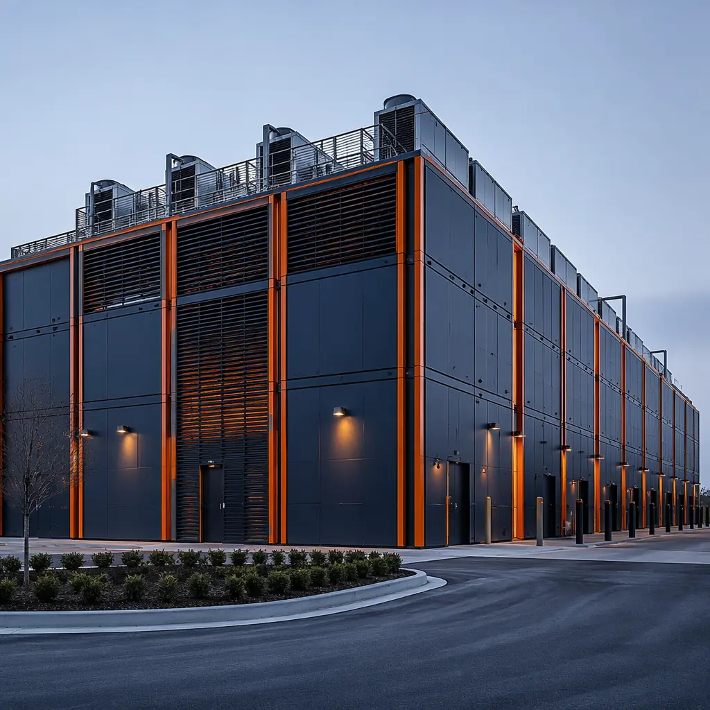 Modular prefabricated colocation data center building exterior, factory-assembled data hall modules with clean geometric lines, grid pattern facade reflecting modular units, steel frame structure visible, cooling equipment on module roof, dark navy building with warm steel orange architectural accents, professional data center infrastructure aesthetic, module seams visible showing factory fabrication approach