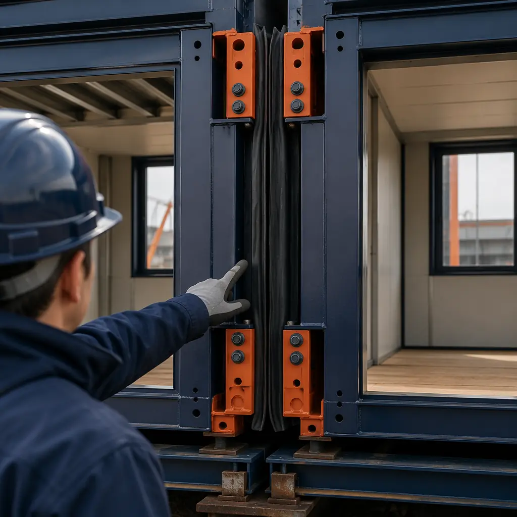 Completed modular building with modules connected and sealed, contemporary commercial structure with clean geometric facade, module seams and connection joints visible on exterior, prefabricated modular construction with steel frame visible, inspection team reviewing building exterior, dark navy and warm steel brand colors