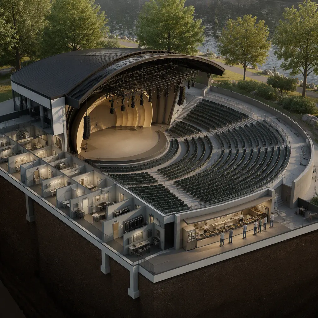 Photorealistic 3D cross-section render of modular amphitheater, showing covered stage with rigging grid and band shell, terraced seating bowl, concession stand with serving line, back-of-house dressing room modules behind stage, clean engineering visualization, no text, no labels