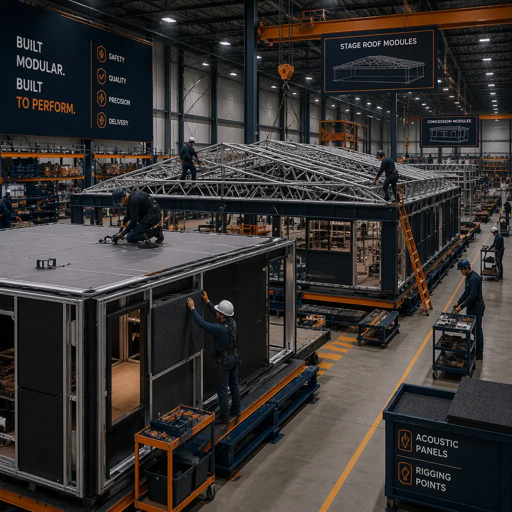 Factory floor of modular prefabricated construction facility, steel-frame stage roof modules and concession modules in production, workers installing acoustic panels and rigging points (no faces), assembly line, dark navy and warm steel orange accents