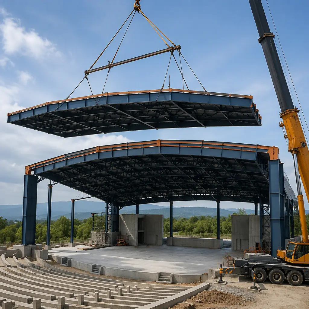 Crane lifting prefabricated steel-frame stage roof module onto columns at amphitheater construction site, large clear-span roof structure being positioned over concrete stage deck, module seams visible, dark navy steel with warm orange accents, no people faces, no text