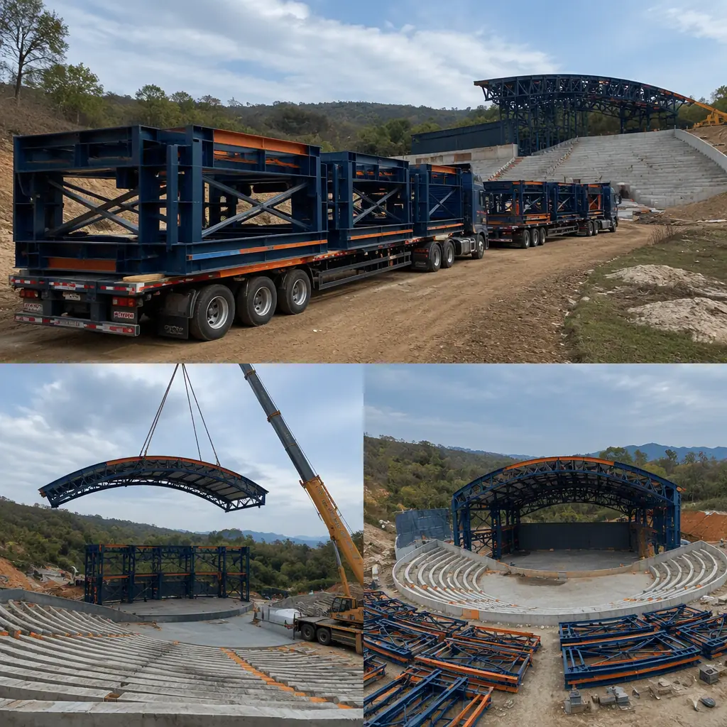 Prefabricated steel-frame amphitheater modules arriving on flatbed trucks at venue site, crane lifting stage roof module over concrete seating bowl, terraced bowl structure visible, module seams visible, dark navy steel with warm orange accents, no people faces, no text, no logos
