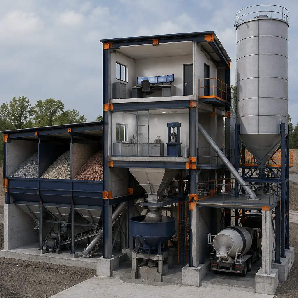 Photorealistic 3D cross-section render of modular concrete batching plant, showing two-story batch control house with operator console, QC lab with compression testing, aggregate bins and cement silo feeding weigh hopper and mixer, clean engineering visualization, no text, no labels