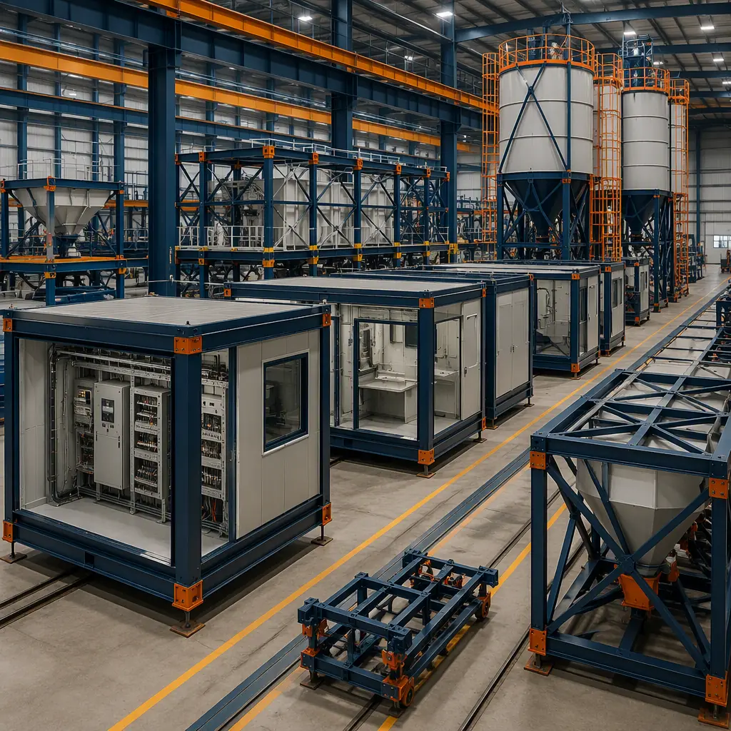 Factory floor of modular prefabricated construction facility, steel-frame batch control house and QC lab modules being fabricated with pre-installed electrical and controls, aggregate bin framing and silo modules on assembly line, dark navy and warm steel orange accents, no people faces, no text