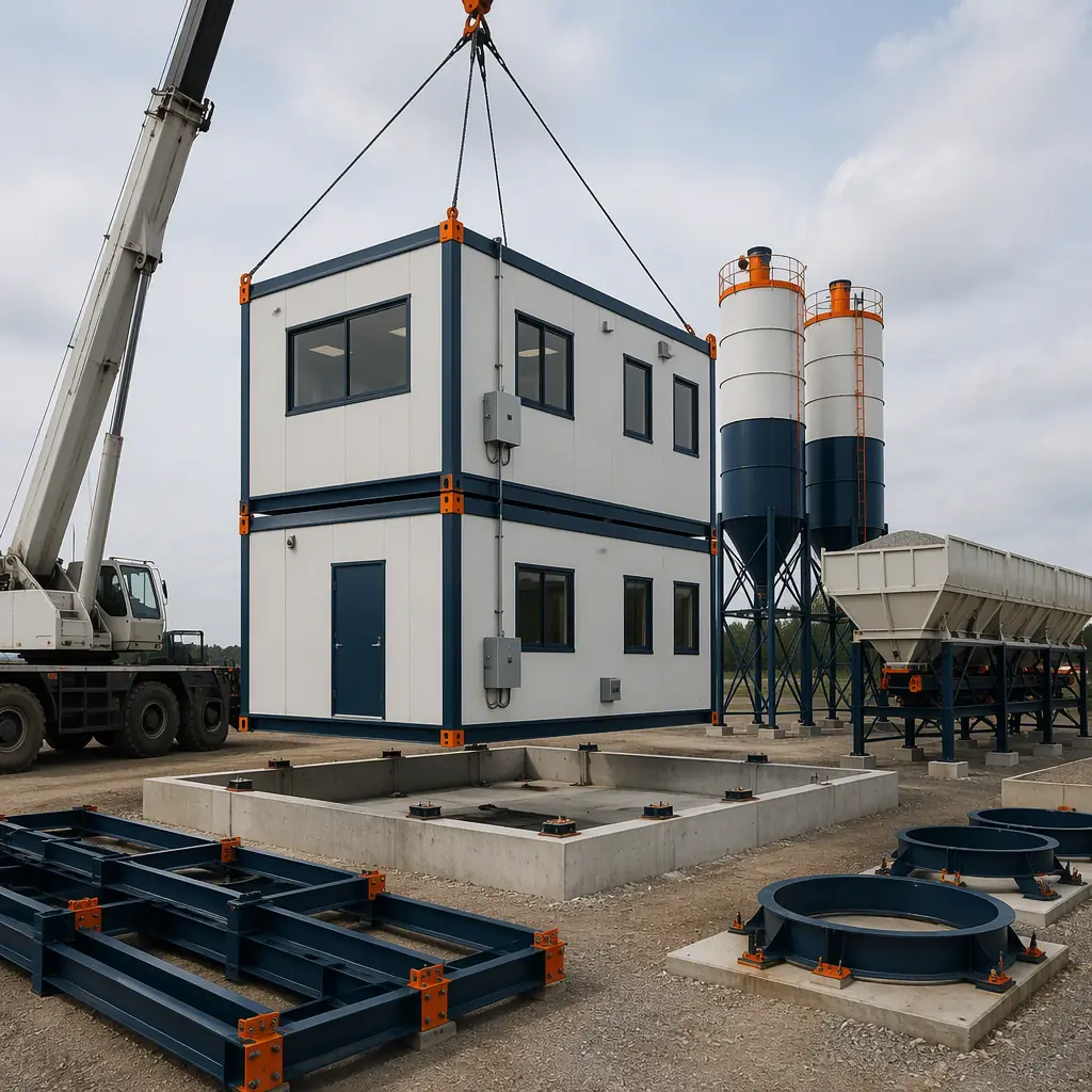 Crane lifting prefabricated steel-frame two-story batch control house module onto prepared foundation at concrete batching plant site, module with windows and pre-installed electrical stacked, silo bases and aggregate bin framing staged beside, module seams visible, dark navy steel with warm orange accents, no people faces, no text