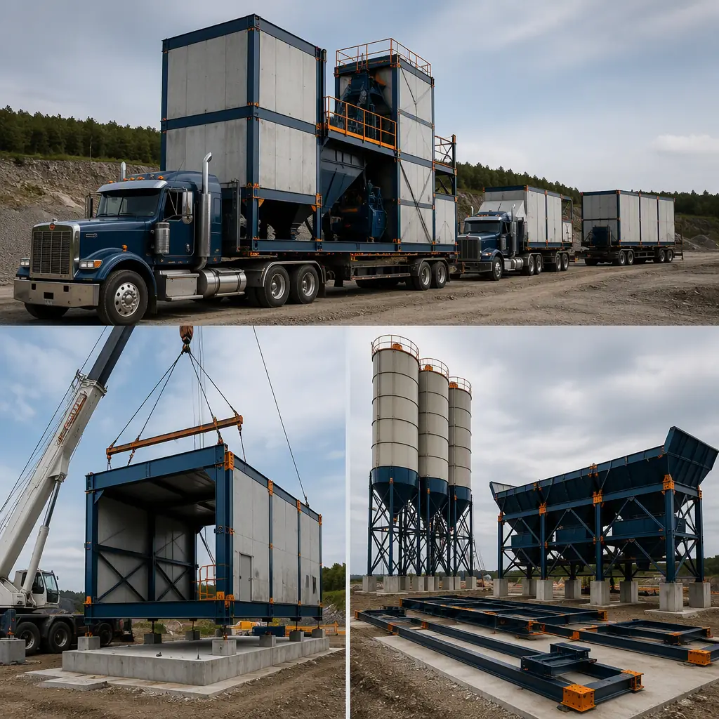 Prefabricated concrete batching plant modules arriving on flatbed trucks at site, crane positioning steel-frame maintenance bay module onto prepared foundation, silo bases and aggregate bin framing staged beside, module seams visible, dark navy steel with warm orange accents, no people faces, no text, no logos
