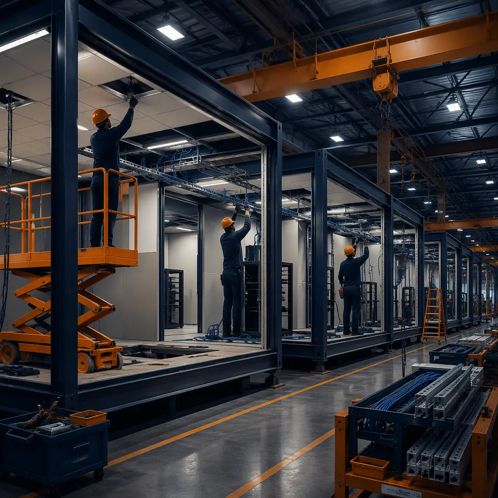 Factory floor of a modular construction facility, steel-framed office modules for a contact center under assembly with acoustic ceiling panels being installed, workers fitting structured cabling trays and power distribution, overhead crane, bright clean industrial environment