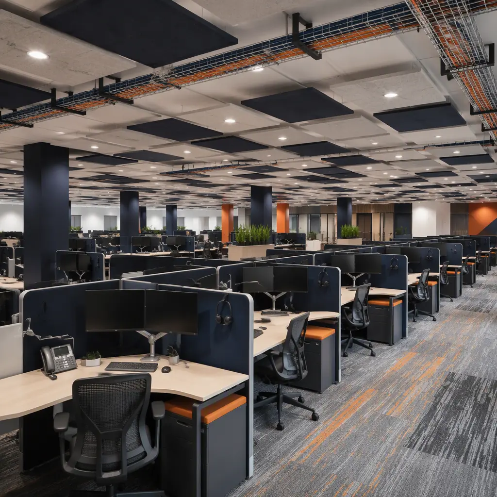 Interior of a modern modular contact center, open floor plan with rows of ergonomic workstations, acoustic ceiling panels with integrated sound masking, structured cabling trays overhead, clean bright environment with navy and orange accents