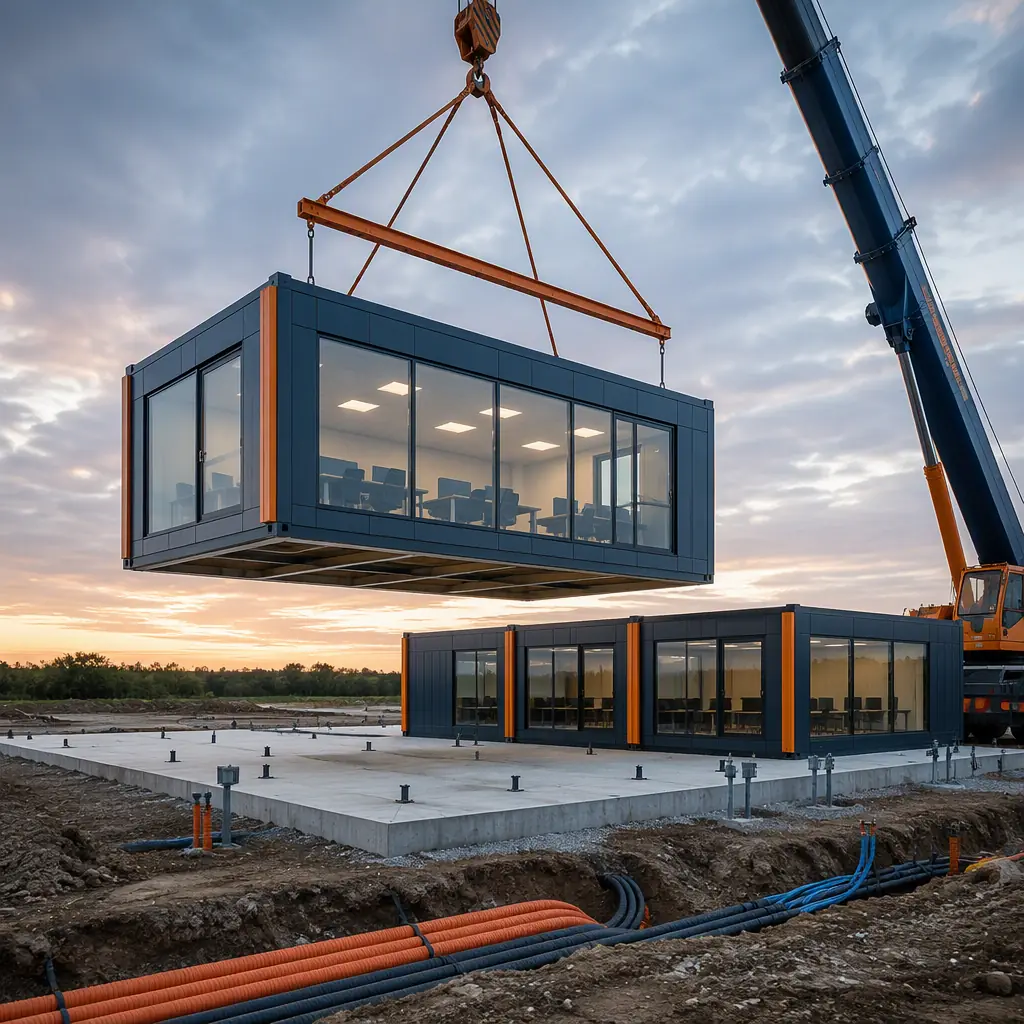 Crane lifting a prefabricated steel-frame office module onto a foundation at a contact center construction site, module with glass curtain wall and weatherproof cladding, cleared site with utility trenches for power and fiber, navy steel accents with orange details