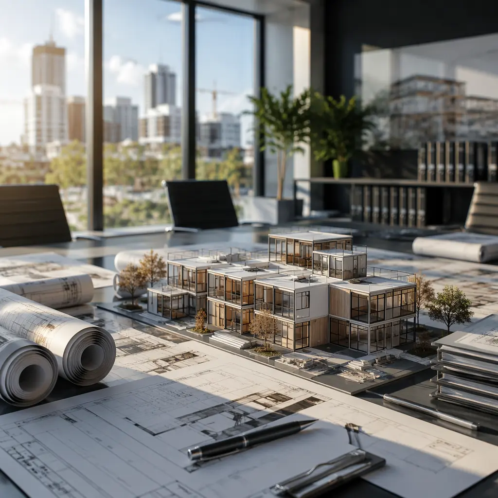 Professional architectural contract review scene, blueprints and modular building 3D model on conference table, modern office setting with warm natural light, conveys professional procurement and construction planning
