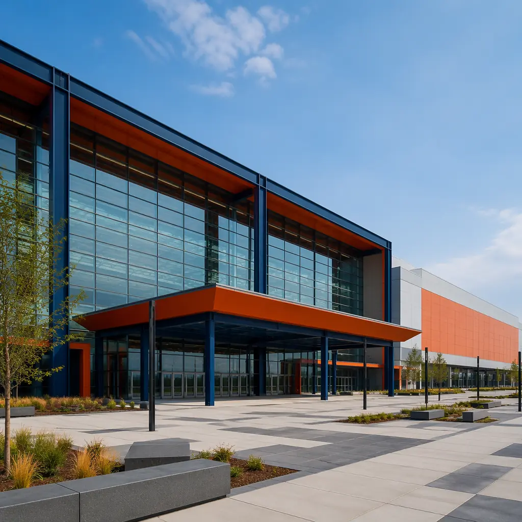 Modern convention center exterior with large glass facade, steel frame modular construction, expansive entrance plaza, clean geometric lines, dark navy structural accents, warm concrete tones, exhibition hall architecture, modular prefabricated assembly