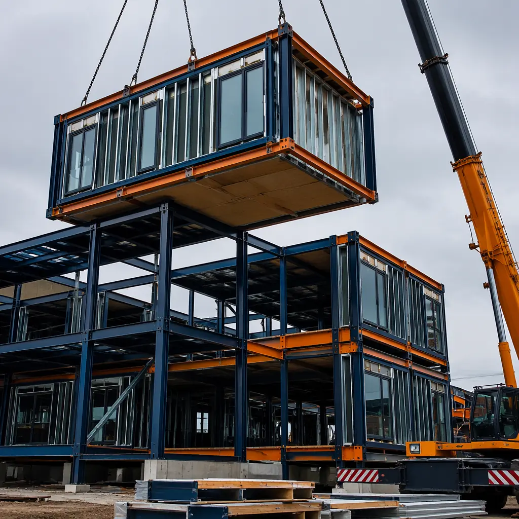 Crane lifting modular building unit onto steel frame structure at construction site, prefabricated module being positioned, clean geometric facade with grid pattern, modular construction assembly, steel frame visible, dark navy and warm steel orange color accents, professional construction photography