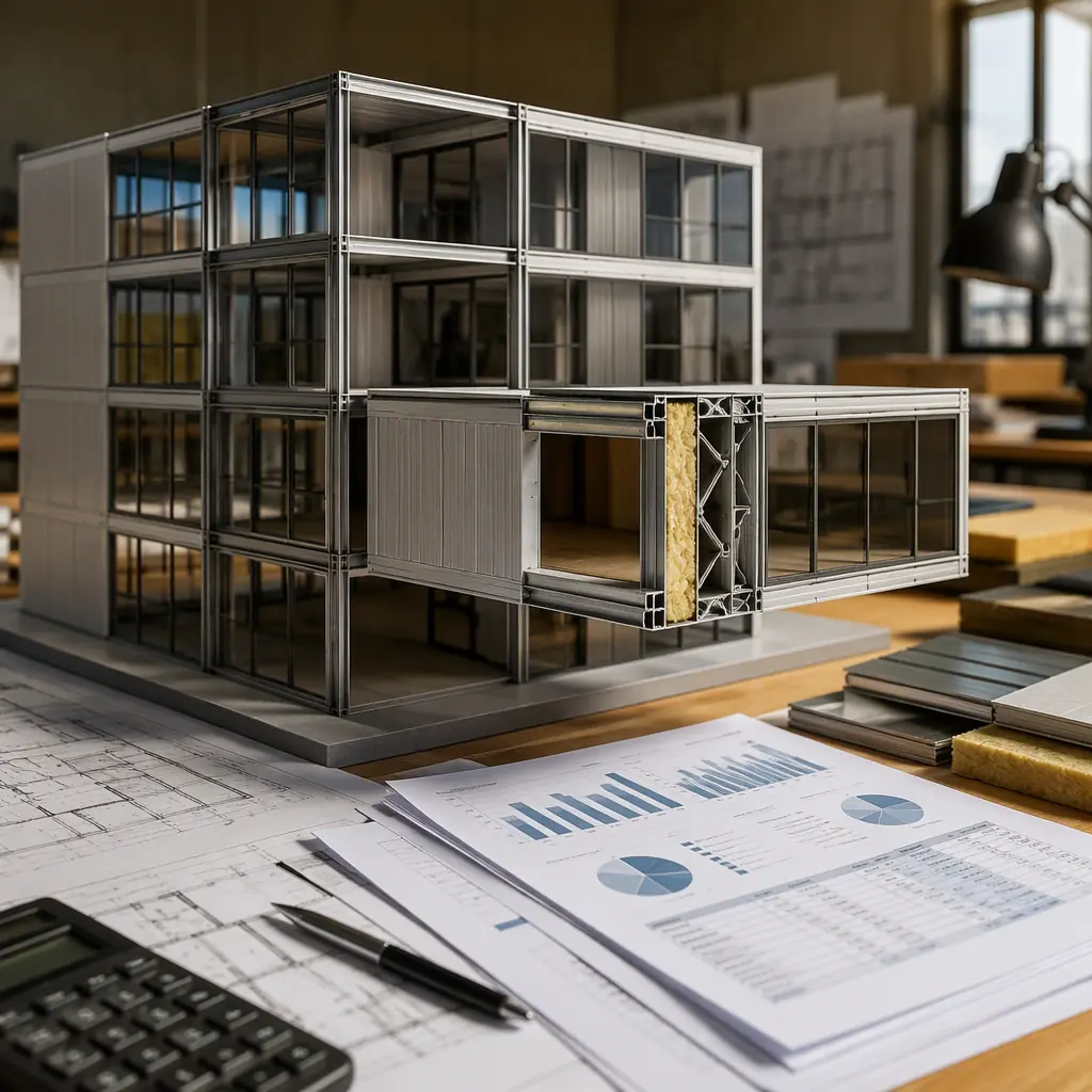 Professional architectural model of steel modular building on desk with construction cost documents and financial plans, modern commercial multi-story design, factory-assembled module detail visible, warm professional lighting, conveys construction budgeting and project planning