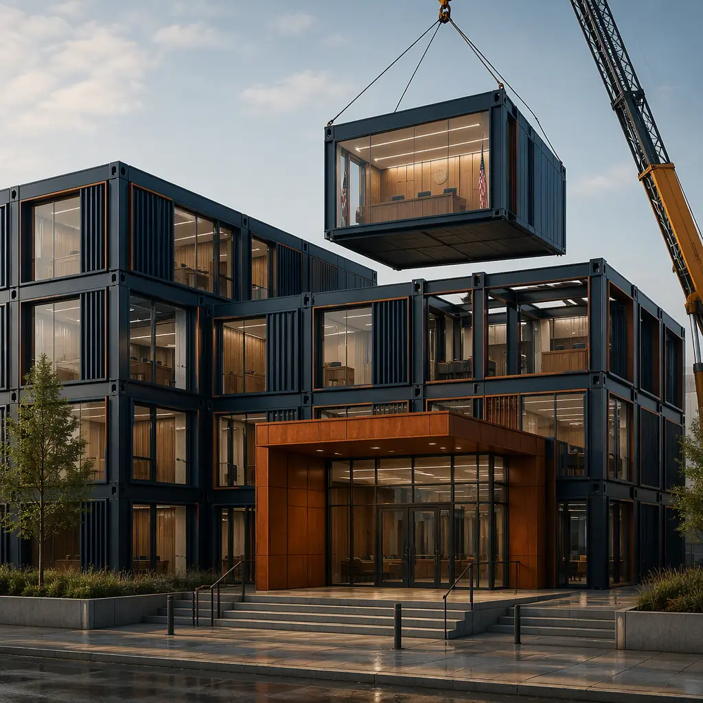 Modern modular courthouse exterior with prefabricated steel frame modules, clean geometric facade with grid pattern reflecting factory-assembled modules, secure entrance with ballistic-rated glazing, dark navy structural steel with warm steel orange accent, module seams visible, crane positioned above building lifting final judicial chamber module into place
