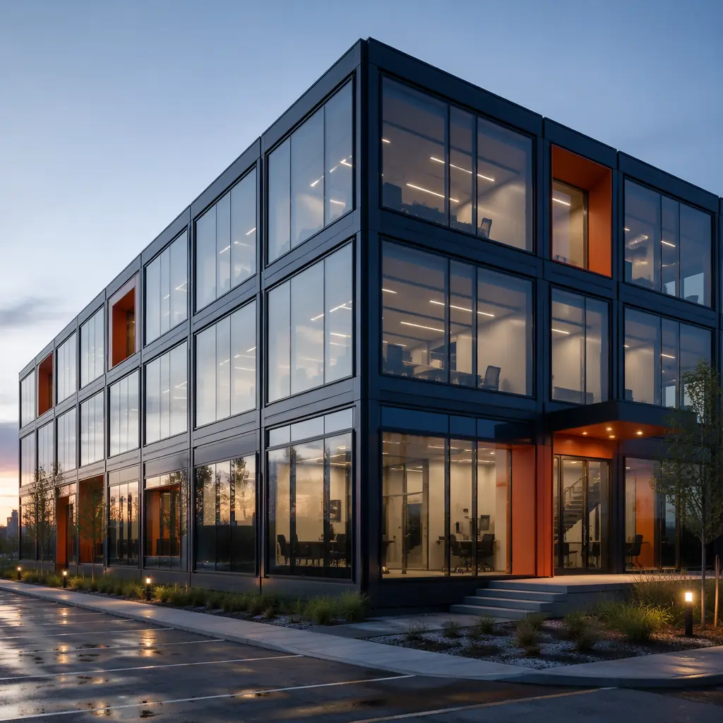 Modern modular coworking building exterior, clean geometric lines with grid pattern facade reflecting factory-assembled modules, module seams visible, glass curtain wall on steel frame, warm steel orange accent details, contemporary commercial architecture